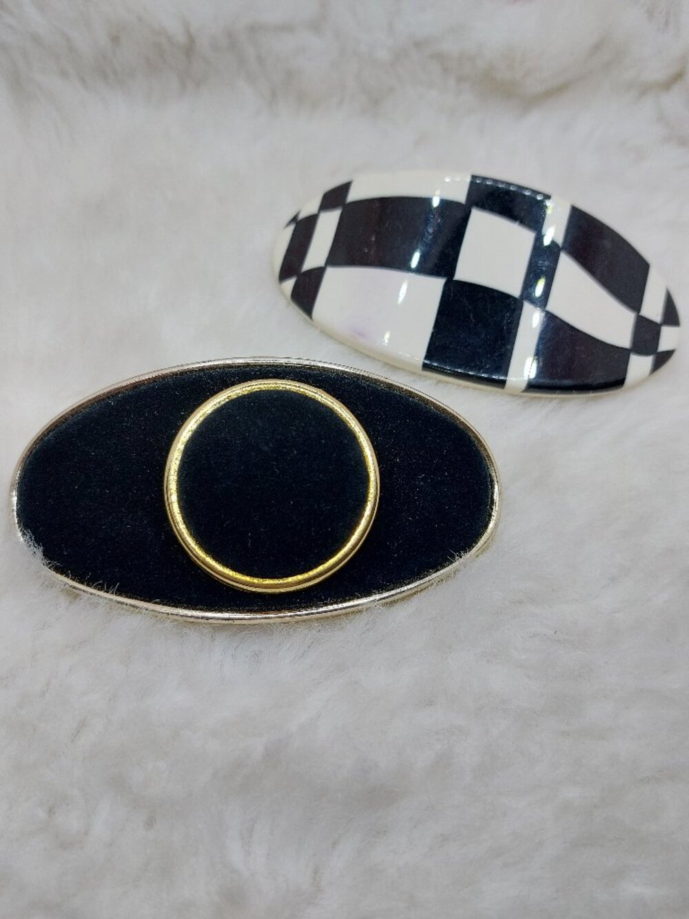 Vintage Black & White Checkerboard Pattern and Black Velvet Gold-Tone Hair Clip